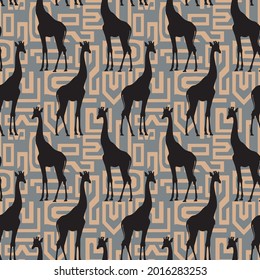Abstract Hand Drawing Giraffe Silhouettes with Geometric Greek Key Shapes Background Seamless Vector Pattern