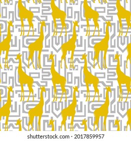Abstract Hand Drawing Giraffe Silhouettes with Geometric Greek Key Shapes Background Seamless Vector Pattern