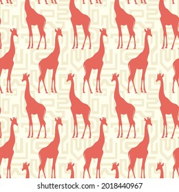 Abstract Hand Drawing Giraffe Silhouettes with Geometric Greek Key Shapes Background Seamless Vector Pattern