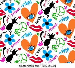 Abstract Hand Drawing Graffiti Retro Urban Wall Art Hearts Eyes Flowers Geometric Shapes Slogans Seamless Vector Pattern Isolated Background
