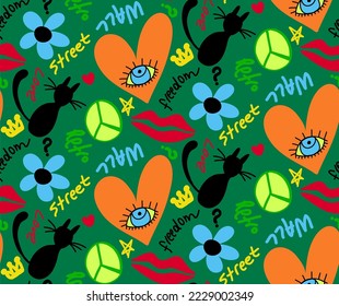 Abstract Hand Drawing Graffiti Retro Urban Wall Art Hearts Eyes Flowers Geometric Shapes Slogans Seamless Vector Pattern Isolated Background