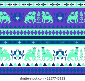 Abstract Hand Drawing Greek Antique Mythological Lions Flowers and Geometric Shapes Striped Borders Seamless Vector Pattern Isolated Background