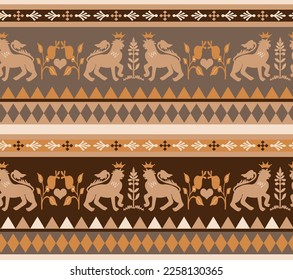 Abstract Hand Drawing Greek Antique Mythological Lions Flowers and Geometric Shapes Striped Borders Seamless Vector Pattern Isolated Background