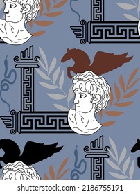 Abstract Hand Drawing Greek Mythology Statues Symbols Pegasus and Leaves Seamless Vector Pattern Isolated Background