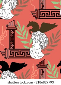 Abstract Hand Drawing Greek Mythology Statues Symbols Pegasus and Leaves Seamless Vector Pattern Isolated Background