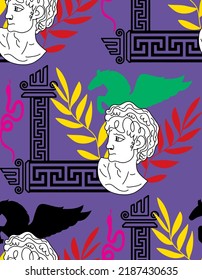 Abstract Hand Drawing Greek Mythology Statues Symbols Pegasus and Leaves Seamless Vector Pattern Isolated Background