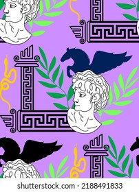 Abstract Hand Drawing Greek Mythology Statues Symbols Pegasus and Leaves Seamless Vector Pattern Isolated Background