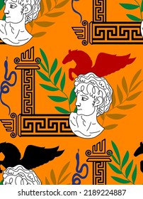 Abstract Hand Drawing Greek Mythology Statues Symbols Pegasus and Leaves Seamless Vector Pattern Isolated Background