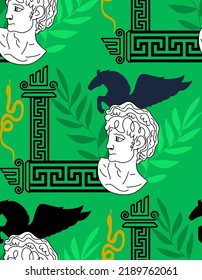 Abstract Hand Drawing Greek Mythology Statues Symbols Pegasus and Leaves Seamless Vector Pattern Isolated Background