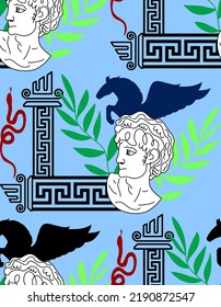 Abstract Hand Drawing Greek Mythology Statues Symbols Pegasus and Leaves Seamless Vector Pattern Isolated Background