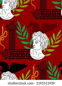 Abstract Hand Drawing Greek Mythology Statues Symbols Pegasus and Leaves Seamless Vector Pattern Isolated Background