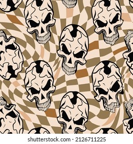 Abstract Hand Drawing Grunge Skulls Seamless Vector Pattern with Retro Checkered Optical Squares Background