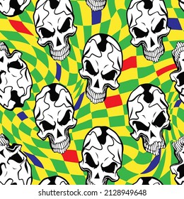 Abstract Hand Drawing Grunge Skulls Seamless Vector Pattern with Retro Checkered Optical Squares Background