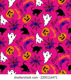 Abstract Hand Drawing Halloween Concept Pumpkins Cats Spiders and Spider Webs Seamless Vector Pattern Isolated Background