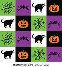 Abstract Hand Drawing Halloween Concept Cats Spiders Pumpkins Seamless Vector Pattern Checkered Background 