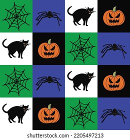 Abstract Hand Drawing Halloween Concept Cats Spiders Pumpkins Seamless Vector Pattern Checkered Background 