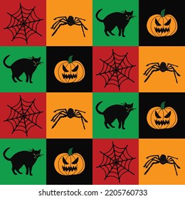 Abstract Hand Drawing Halloween Concept Cats Spiders Pumpkins Seamless Vector Pattern Checkered Background 