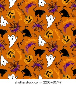 Abstract Hand Drawing Halloween Concept Pumpkins Cats Spiders and Spider Webs Seamless Vector Pattern Isolated Background