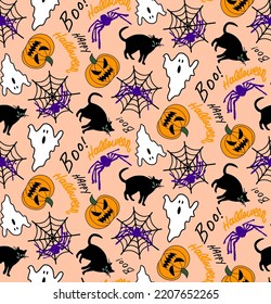 Abstract Hand Drawing Halloween Concept Pumpkins Cats Spiders and Spider Webs Seamless Vector Pattern Isolated Background