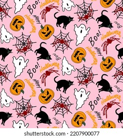 Abstract Hand Drawing Halloween Concept Pumpkins Cats Spiders and Spider Webs Seamless Vector Pattern Isolated Background