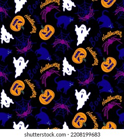 Abstract Hand Drawing Halloween Concept Pumpkins Cats Spiders and Spider Webs Seamless Vector Pattern Isolated Background