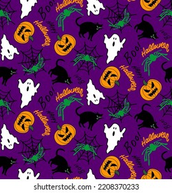 Abstract Hand Drawing Halloween Concept Pumpkins Cats Spiders and Spider Webs Seamless Vector Pattern Isolated Background