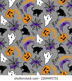 Abstract Hand Drawing Halloween Concept Pumpkins Cats Spiders and Spider Webs Seamless Vector Pattern Isolated Background
