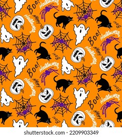 Abstract Hand Drawing Halloween Concept Pumpkins Cats Spiders and Spider Webs Seamless Vector Pattern Isolated Background