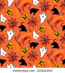 Abstrakte Hand Zeichnen Halloween Concept Pumpkins Katzen Spinnen und Spinnennetze Nahtlose Vektormuster isolierter Hintergrund