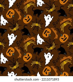 Abstract Hand Drawing Halloween Concept Pumpkins Cats Spiders and Spider Webs Seamless Vector Pattern Isolated Background
