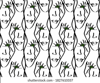 Abstract Hand Drawing Halloween Witch Woman Faces Repeating Vector Pattern Isolated Background 