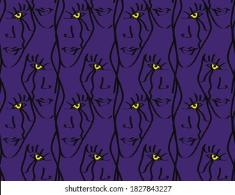 Abstract Hand Drawing Halloween Witch Woman Faces Repeating Vector Pattern Isolated Background 