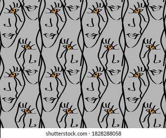 Abstract Hand Drawing Halloween Witch Woman Faces Repeating Vector Pattern Isolated Background 