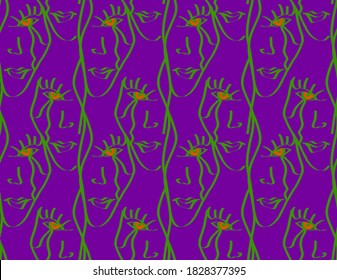 Abstract Hand Drawing Halloween Witch Woman Faces Repeating Vector Pattern Isolated Background 