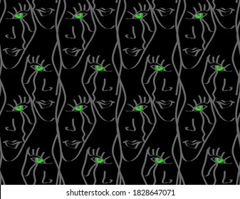 Abstract Hand Drawing Halloween Witch Woman Faces Repeating Vector Pattern Isolated Background 