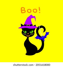 Abstract Hand Drawing Halloween Witch Cat with Boo Text Placement Print Vector Pattern Isolated Neon Yellow Background