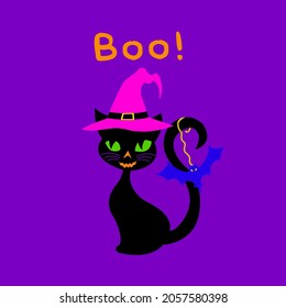 Abstract Hand Drawing Halloween Witch Cat with Boo Text Placement Print Vector Pattern Isolated Purple Background