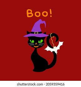 Abstract Hand Drawing Halloween Witch Cat with Boo Text Placement Print Vector Pattern Isolated Red Background