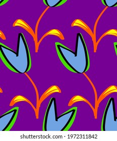 Abstract Hand Drawing Heart Shape Tulips and Leaves Repeating Vector Pattern Isolated Background