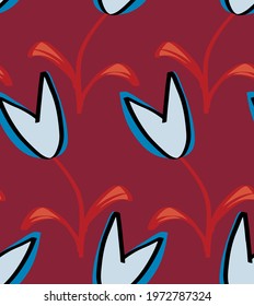 Abstract Hand Drawing Heart Shape Tulips and Leaves Repeating Vector Pattern Isolated Background