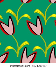 Abstract Hand Drawing Heart Shape Tulips and Leaves Repeating Vector Pattern Isolated Background