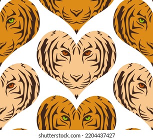 Abstract Hand Drawing Heart Shaped Tiger Lion Faces Seamless Vector Pattern Isolated Background