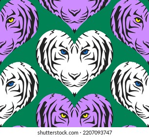 Abstract Hand Drawing Heart Shaped Tiger Lion Faces Seamless Vector Pattern Isolated Background