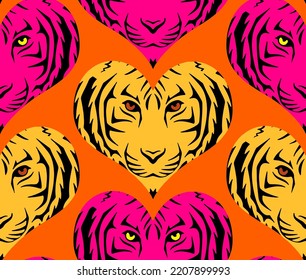 Abstraktes Handziehherz mit geformtem Tigerlion, Gesichter nahtloser Vektormuster, isolierter Hintergrund
