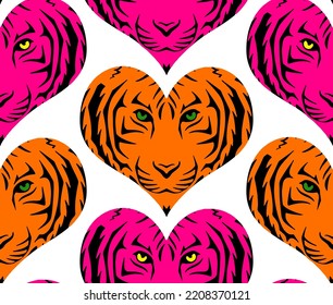 Abstract Hand Drawing Heart Shaped Tiger Lion Faces Seamless Vector Pattern Isolated Background