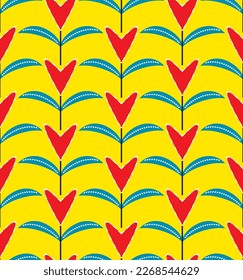 Abstract Hand Drawing Heart Shaped Tulips and Leaves Seamless Art Deco Vector Pattern Isolated Background