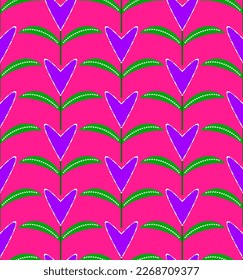 Abstract Hand Drawing Heart Shaped Tulips and Leaves Seamless Art Deco Vector Pattern Isolated Background