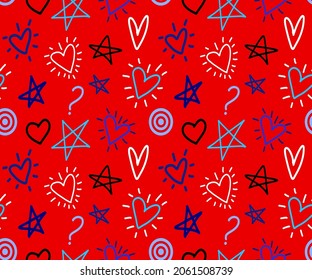 Abstract Hand Drawing Hearts Stars Geometric Graffiti Shapes Seamless Vector Pattern Isolated Background