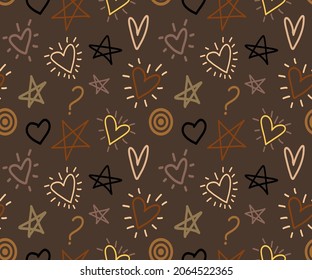 Abstract Hand Drawing Hearts Stars Geometric Graffiti Shapes Seamless Vector Pattern Isolated Background