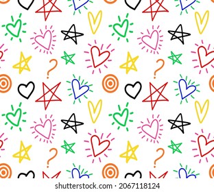Abstract Hand Drawing Hearts Stars Geometric Graffiti Shapes Seamless Vector Pattern Isolated Background